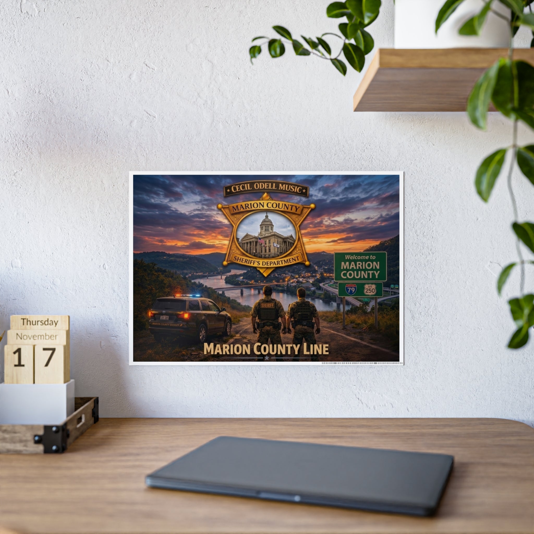 Marion County Line Police Badge Gloss Poster: Sheriff Dept. Scenic Sunset Print