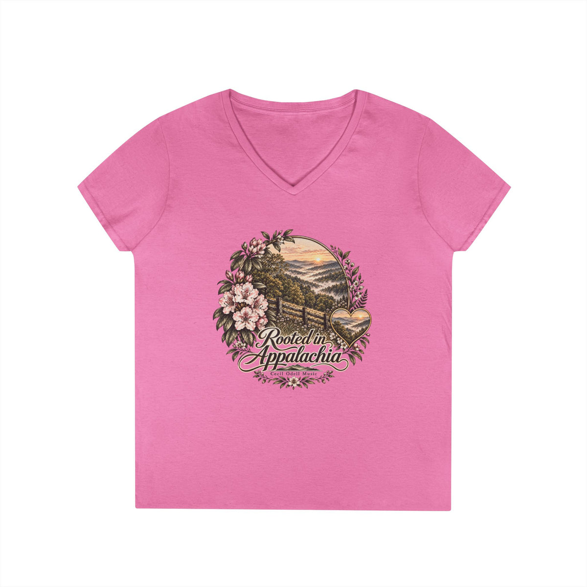 Rooted in Appalachia Ladies' V-Neck T-Shirt – Rustic Mountain Floral Tee
