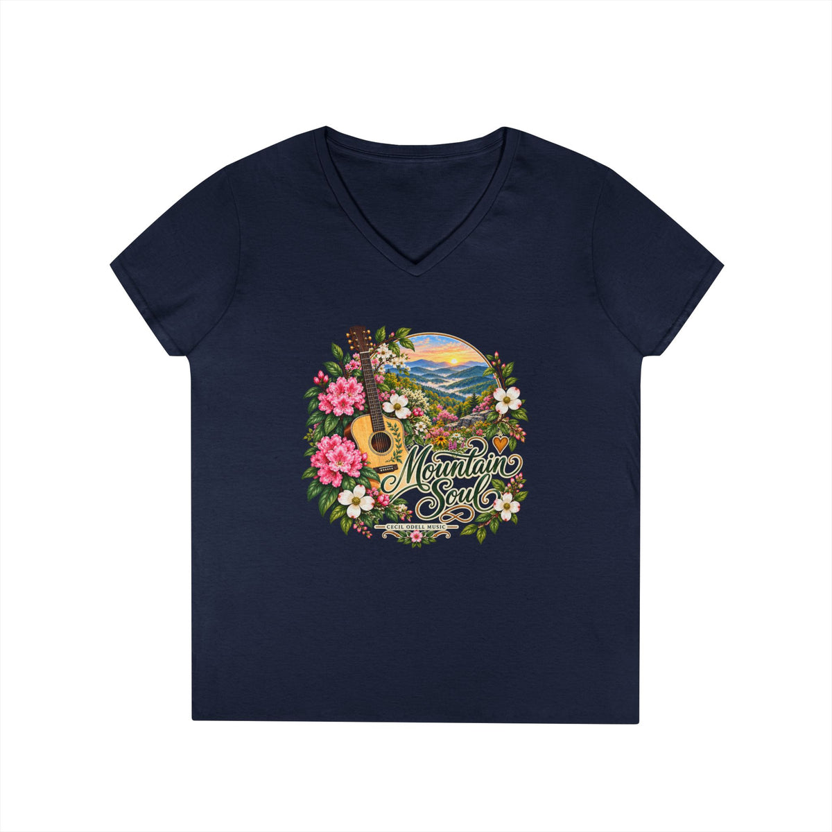Mountain Soul V-Neck Tee — Floral Guitar Scenic Women's T-Shirt