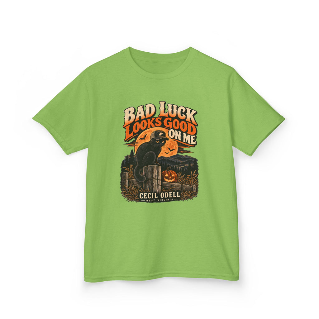 Bad Luck Looks Good on Me Kids Halloween Tee | Cecil Odell