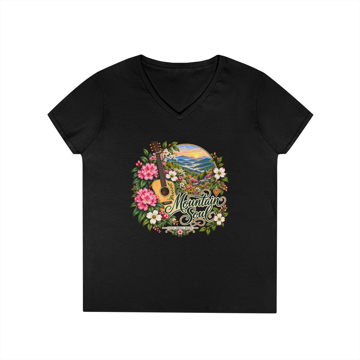 Mountain Soul V-Neck Tee — Floral Guitar Scenic Women's T-Shirt