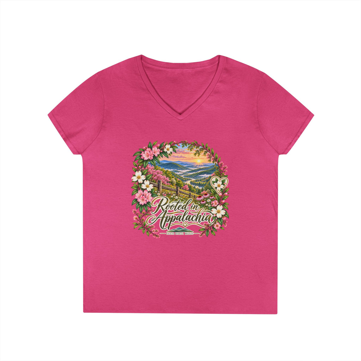 Rooted in Appalachia V-Neck T-Shirt — Scenic Mountain Floral Graphic
