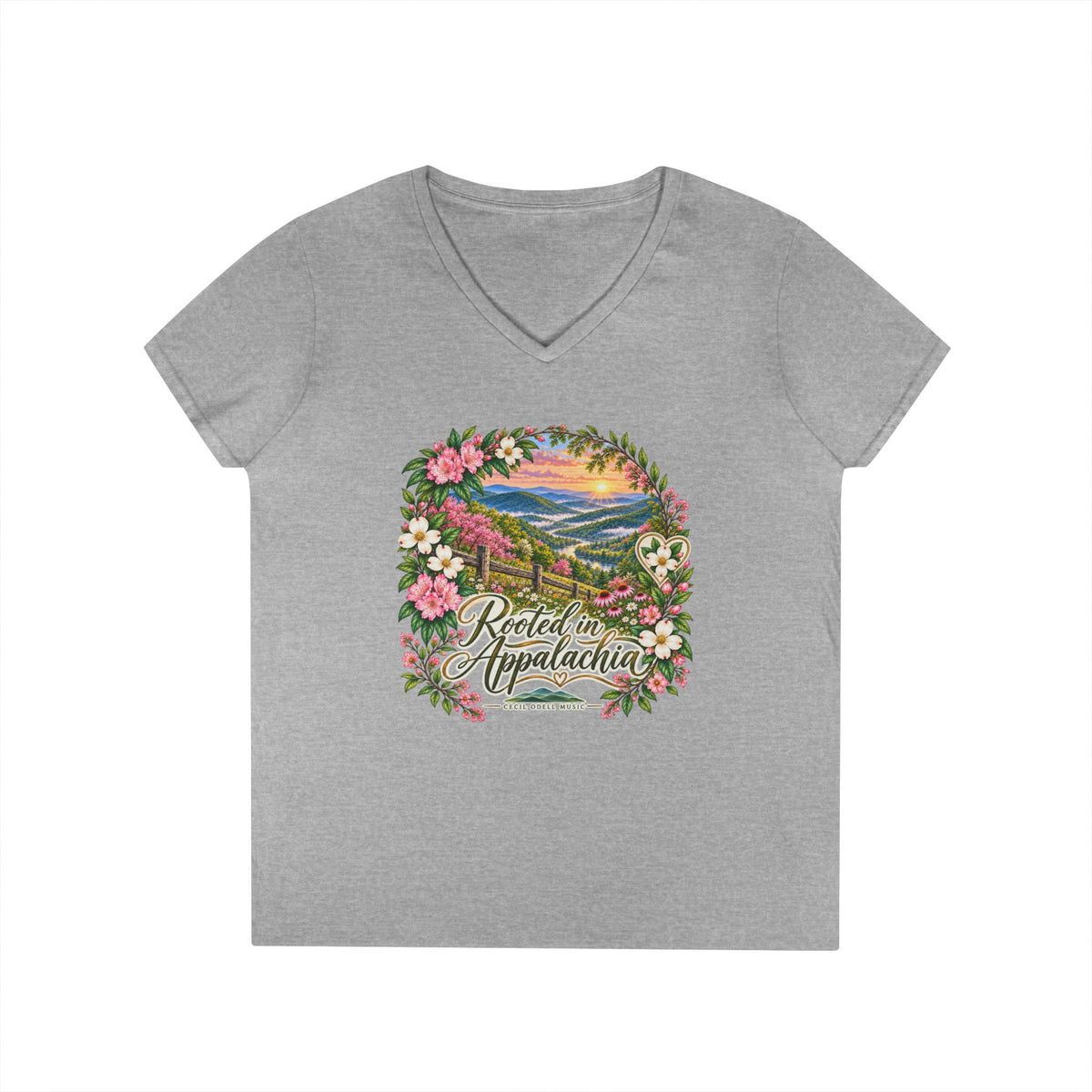 Rooted in Appalachia V-Neck T-Shirt — Scenic Mountain Floral Graphic