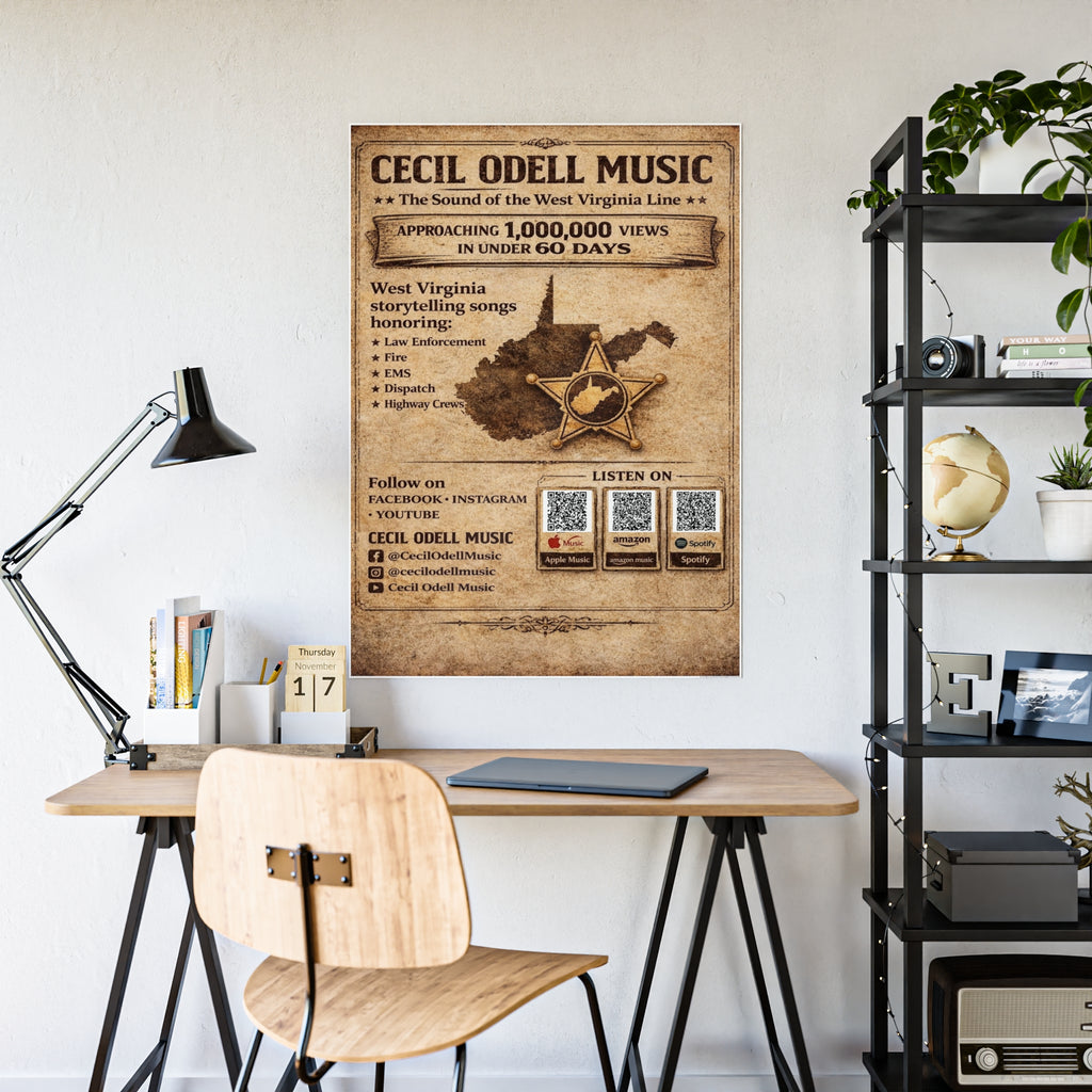 Vintage 'Cecil Odell Music' Gloss Poster: West Virginia Storytelling Music Print