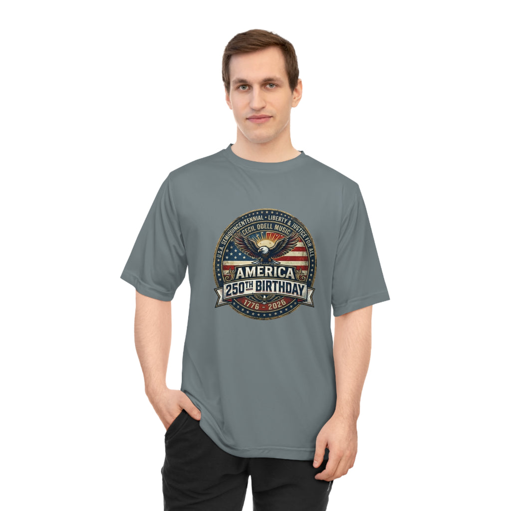 America 250th Birthday Performance T-Shirt: Patriotic Eagle & Badge Tribute