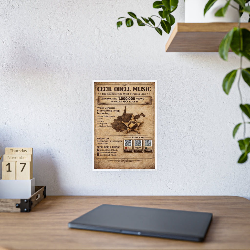 Vintage 'Cecil Odell Music' Gloss Poster: West Virginia Storytelling Music Print