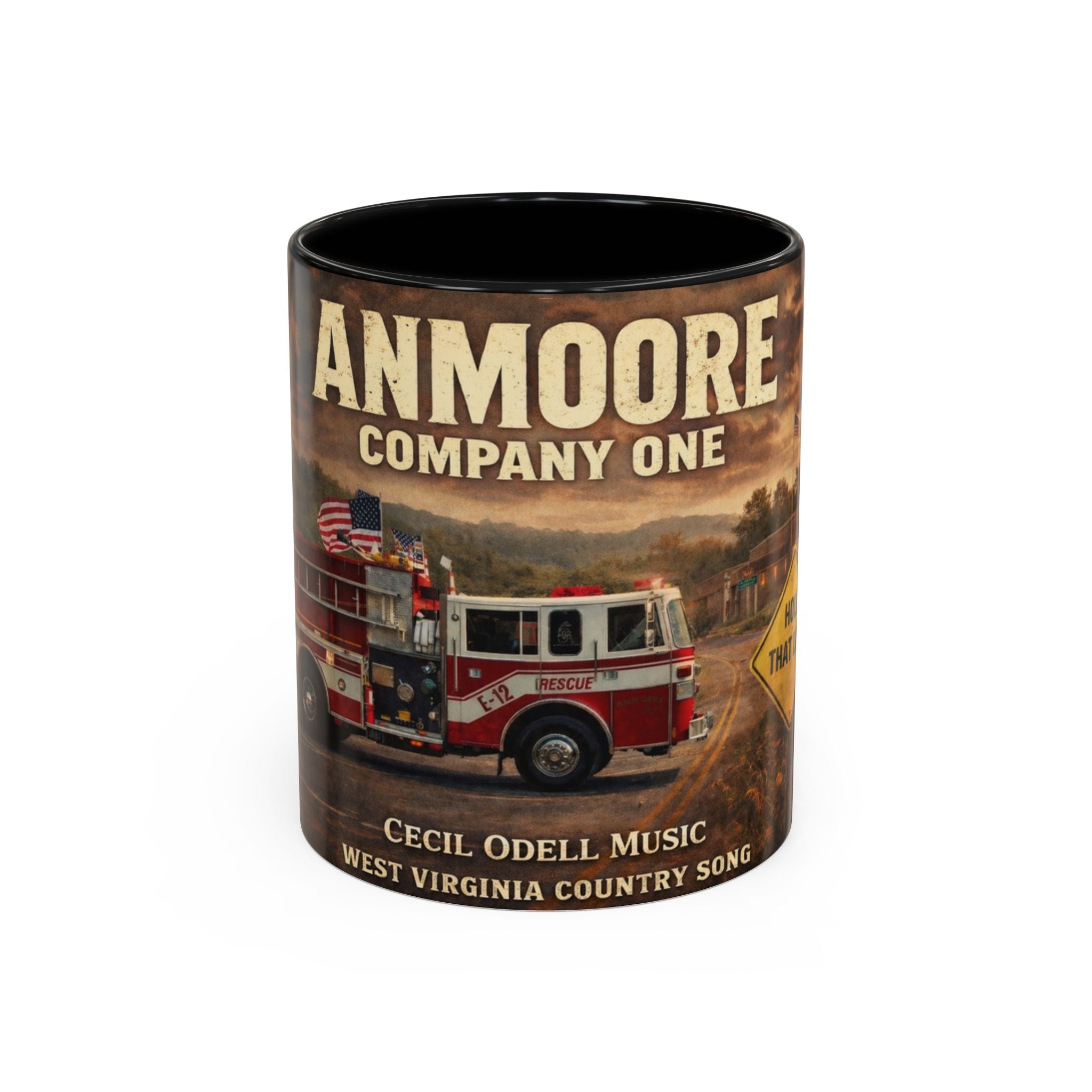 Anmoore Company One Firetruck Accent Coffee Mug – 'Hold That Line' West Virginia Country Music Tribute