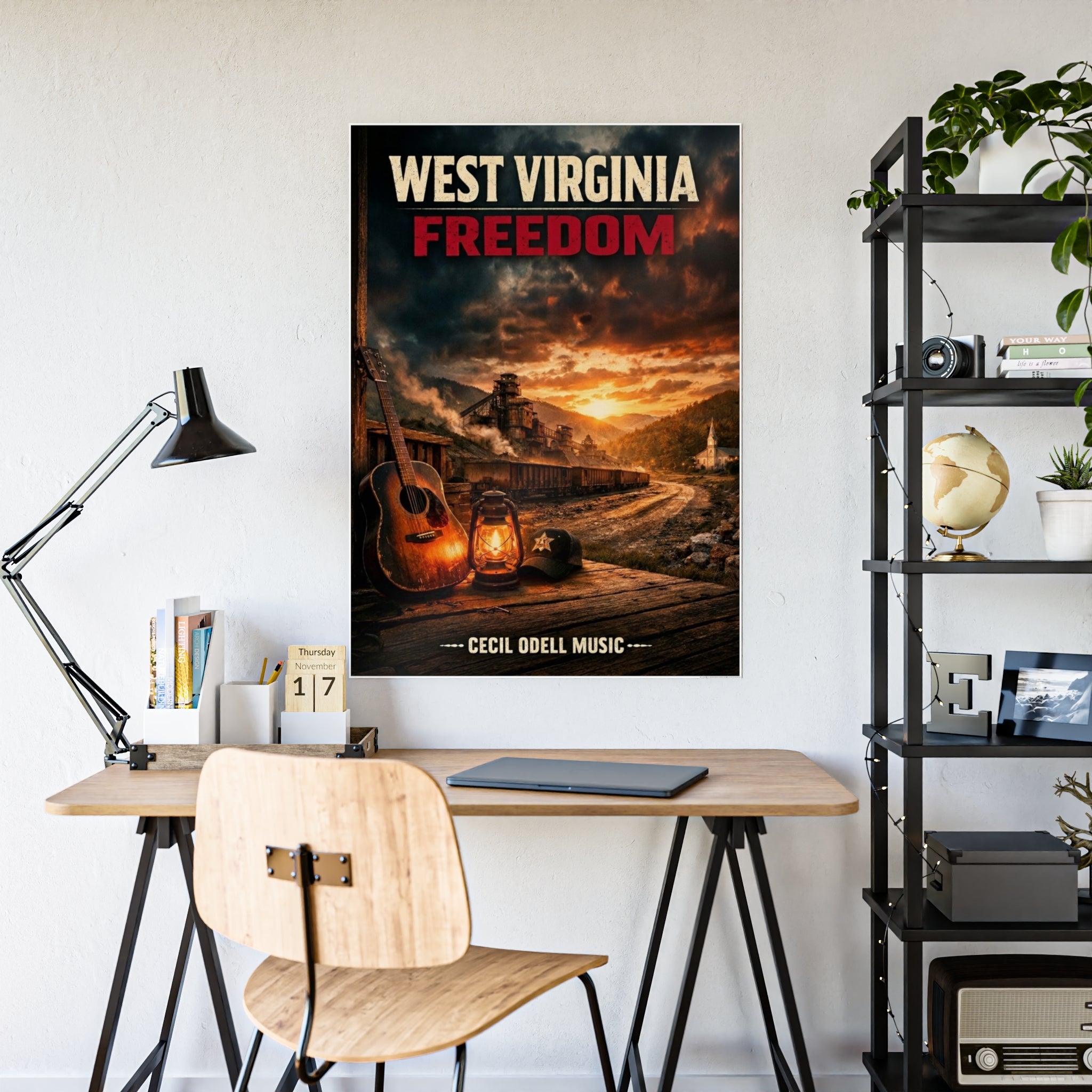 West Virginia Freedom Poster: Rustic Music & Mountain Landscape Print