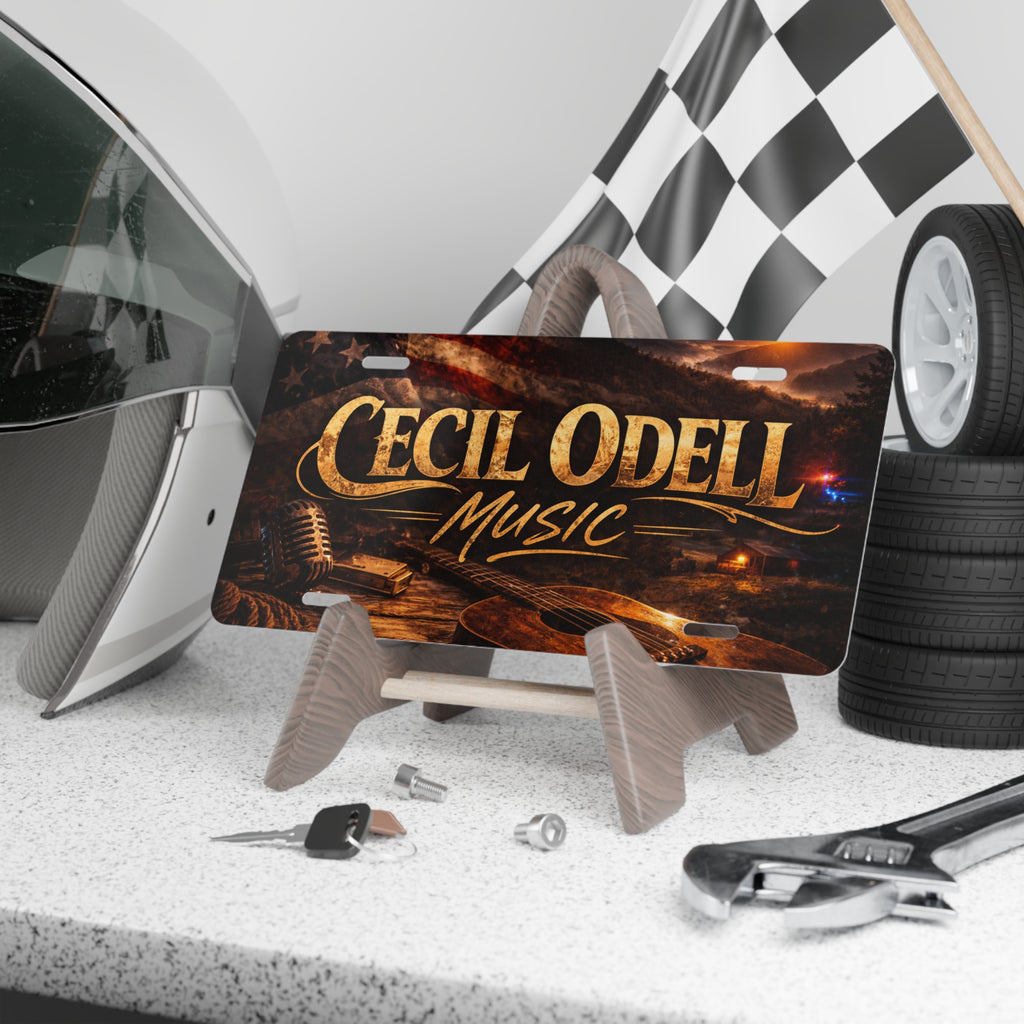 Cecil Odell Music Metal Vanity Plate: Vintage Americana Guitar & Mic License Tag