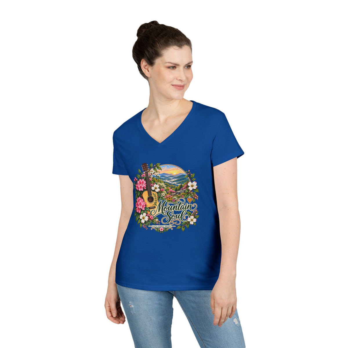 Mountain Soul V-Neck Tee — Floral Guitar Scenic Women's T-Shirt