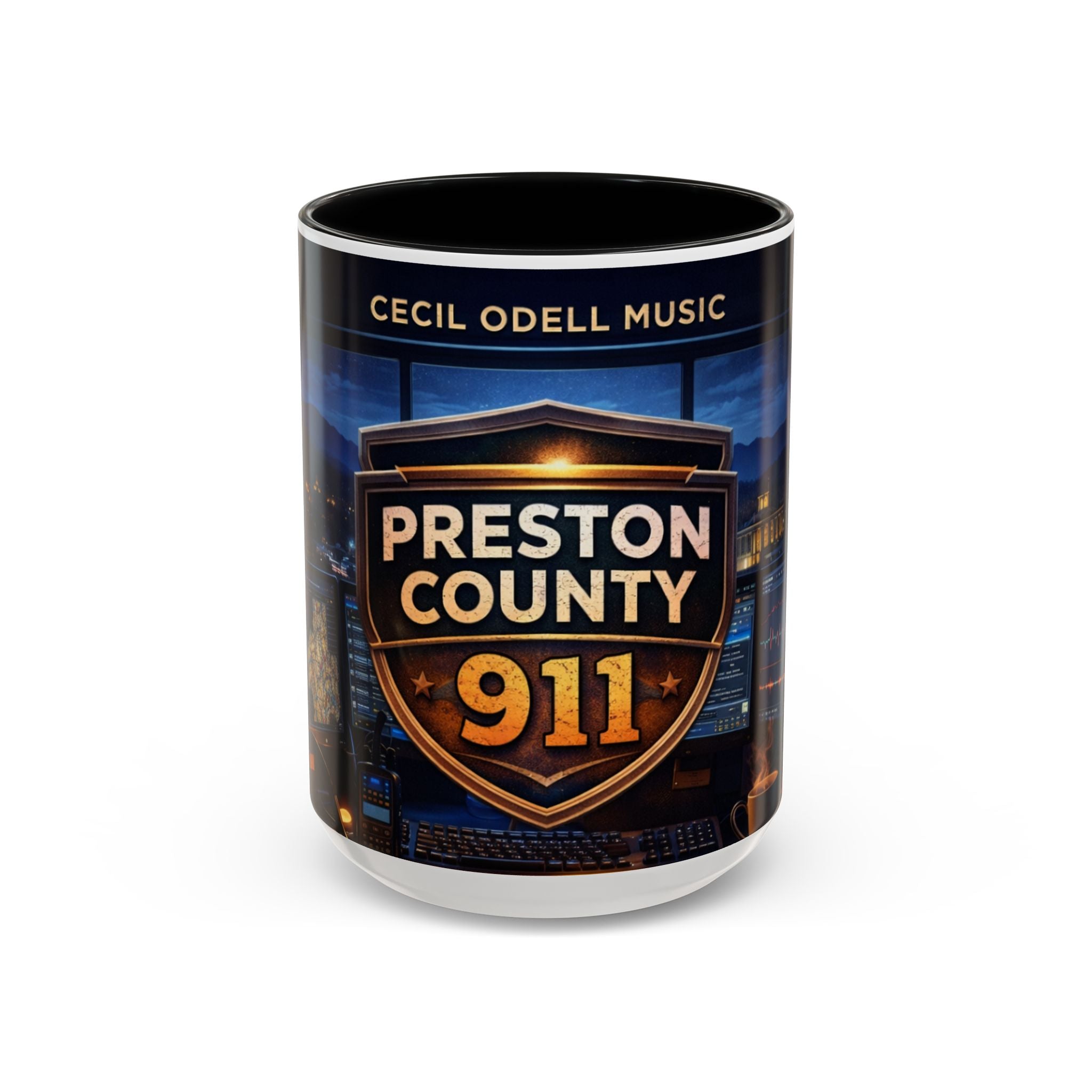 Preston County 911 Coffee Mug: Emergency Dispatch Badge Accent Mug
