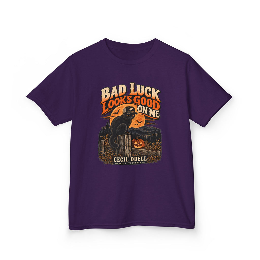 Bad Luck Looks Good on Me Kids Halloween Tee | Cecil Odell