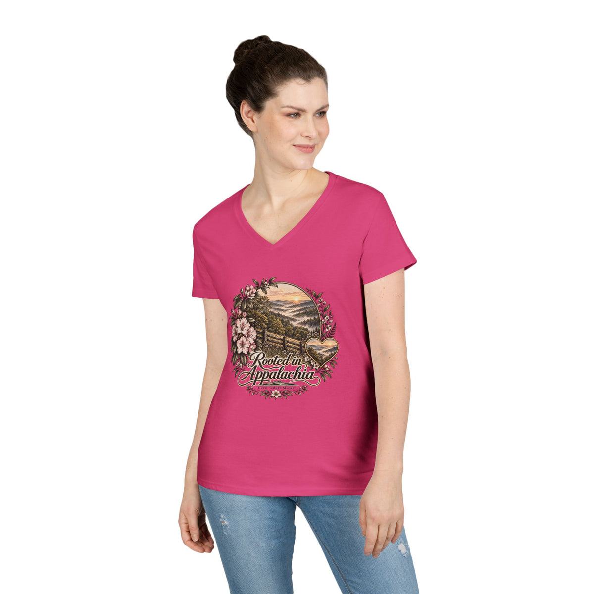 Rooted in Appalachia Ladies' V-Neck T-Shirt – Rustic Mountain Floral Tee