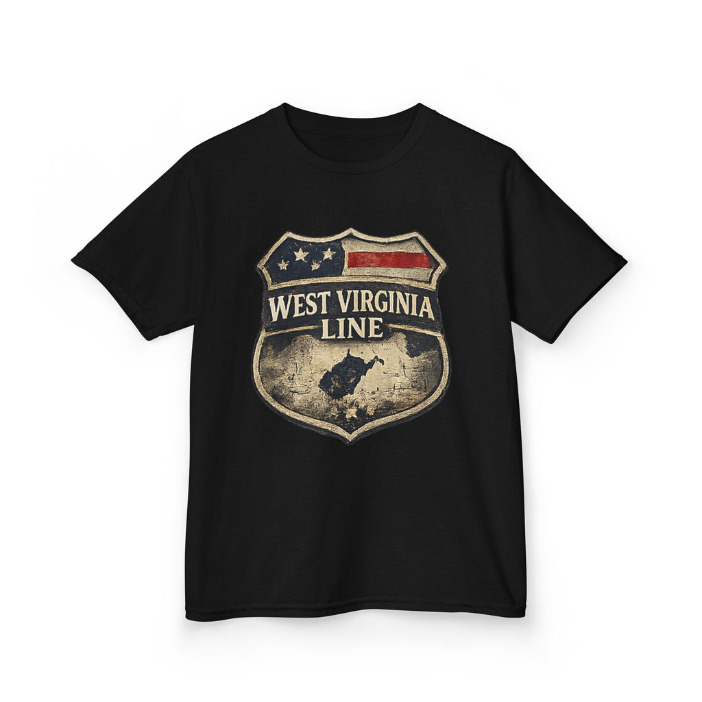 Kids T‑Shirt: Vintage West Virginia Line Badge with Eagle & American Flag