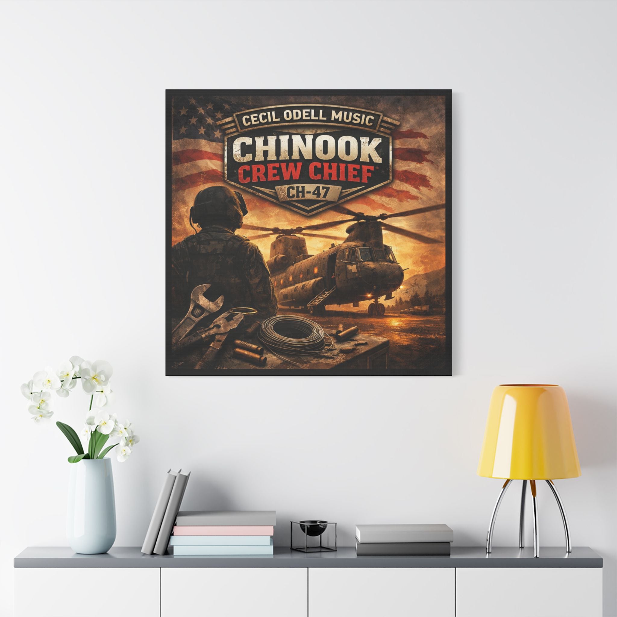 Chinook Crew Chief CH-47 Satin Stretched Canvas Wall Art