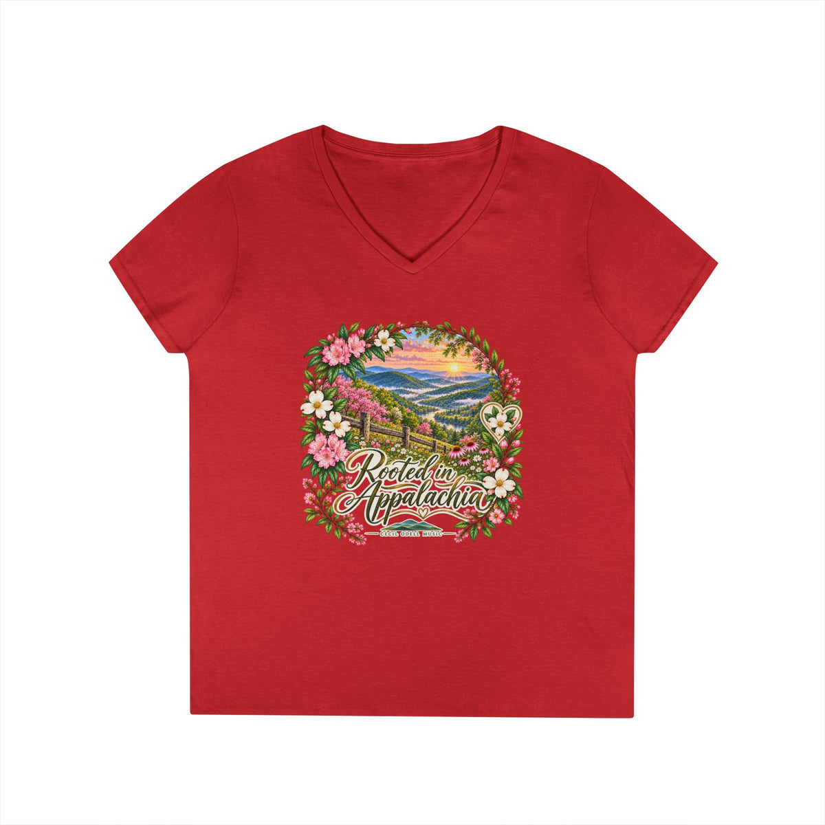Rooted in Appalachia V-Neck T-Shirt — Scenic Mountain Floral Graphic