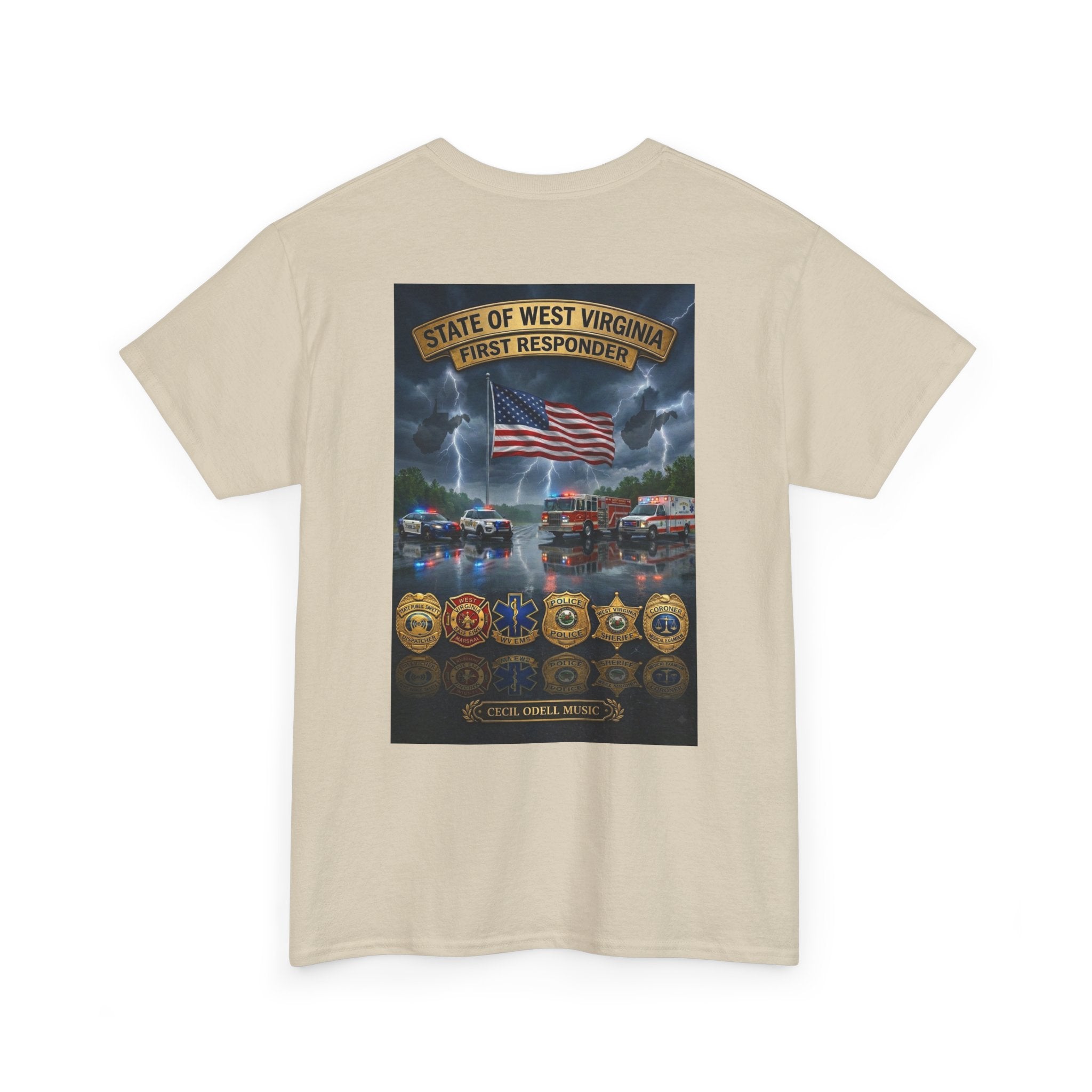 West Virginia First Responders Tribute Tee: State Emblem & American Flag Memorial Shirt