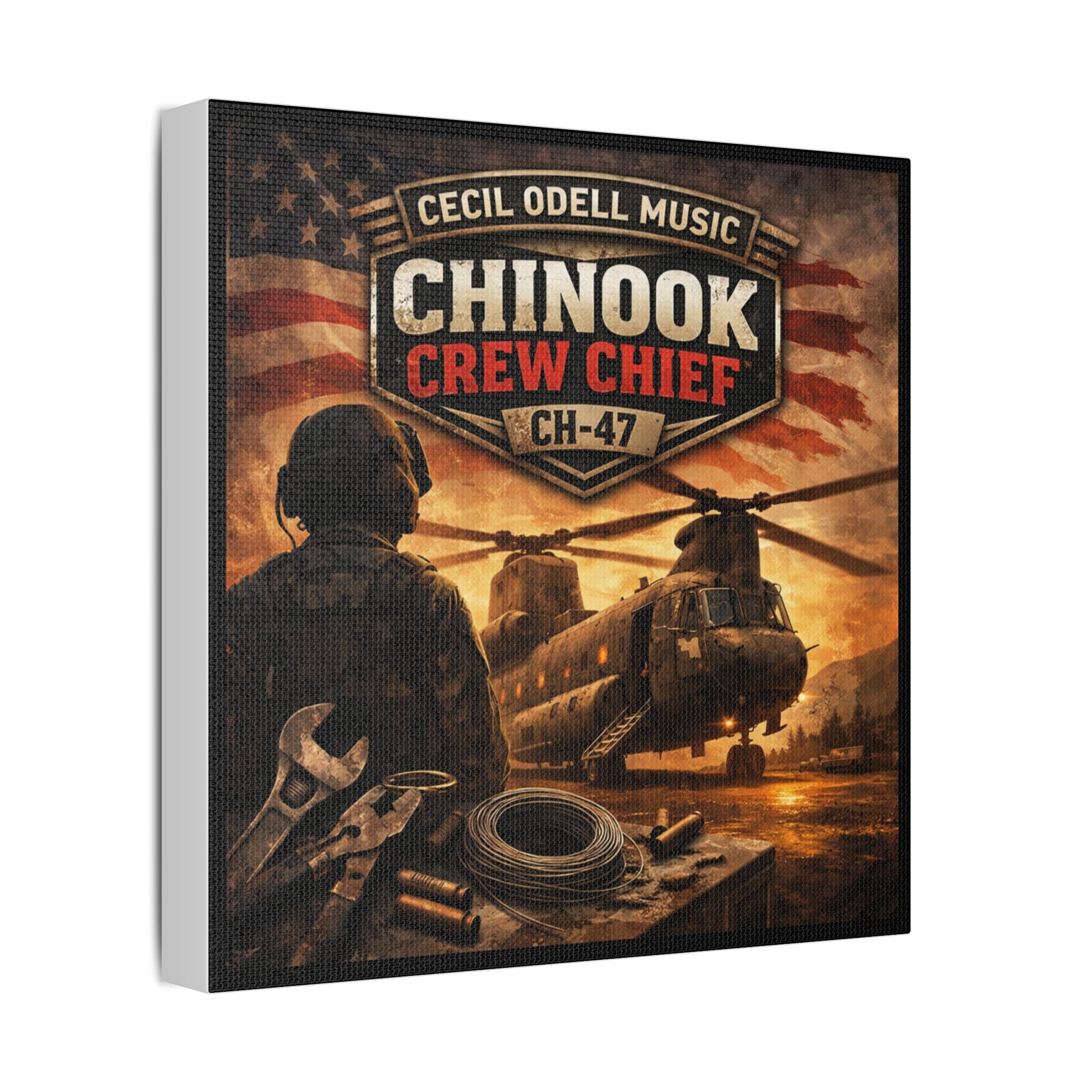Chinook Crew Chief CH-47 Satin Stretched Canvas Wall Art