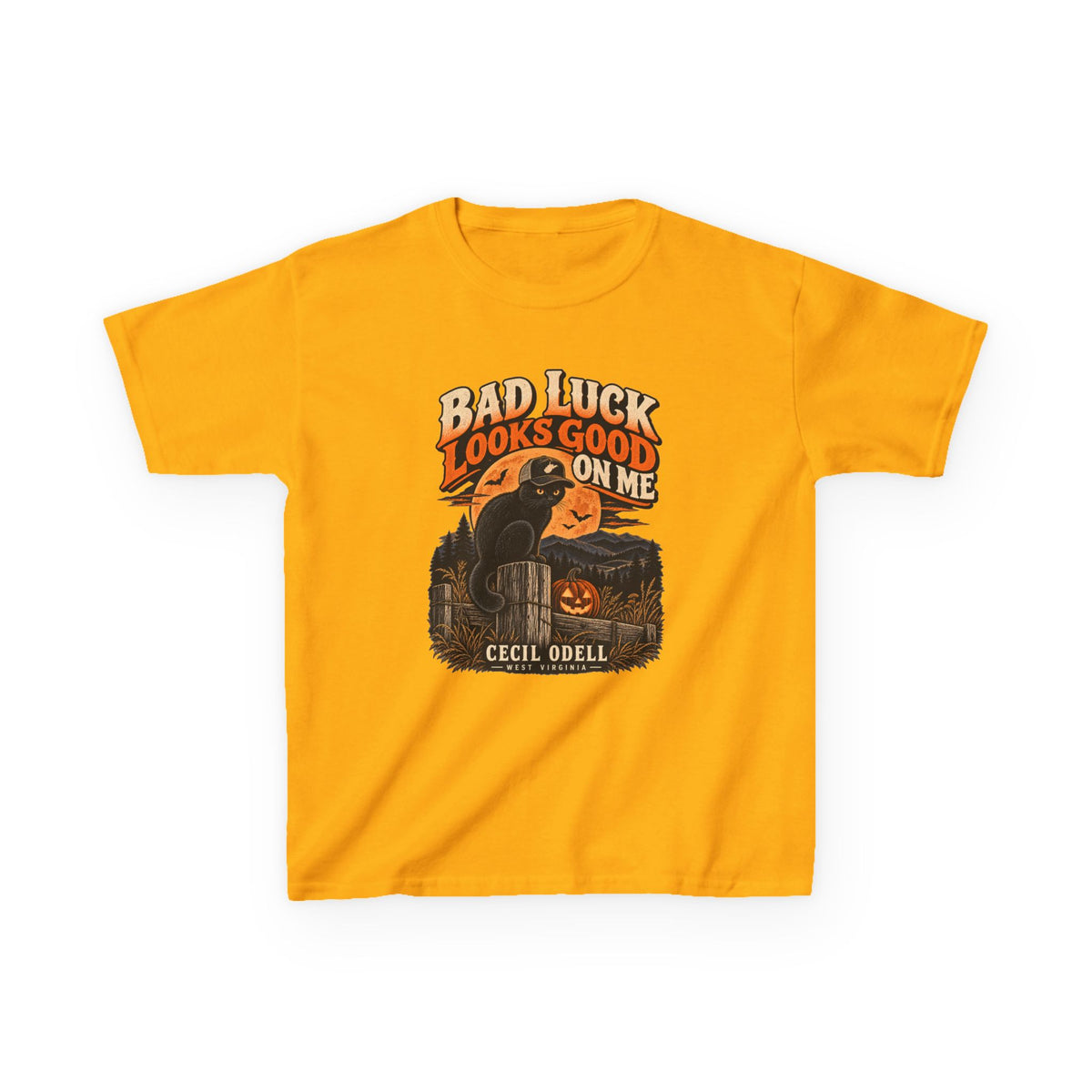 Bad Luck Looks Good on Me Kids Halloween Tee | Cecil Odell