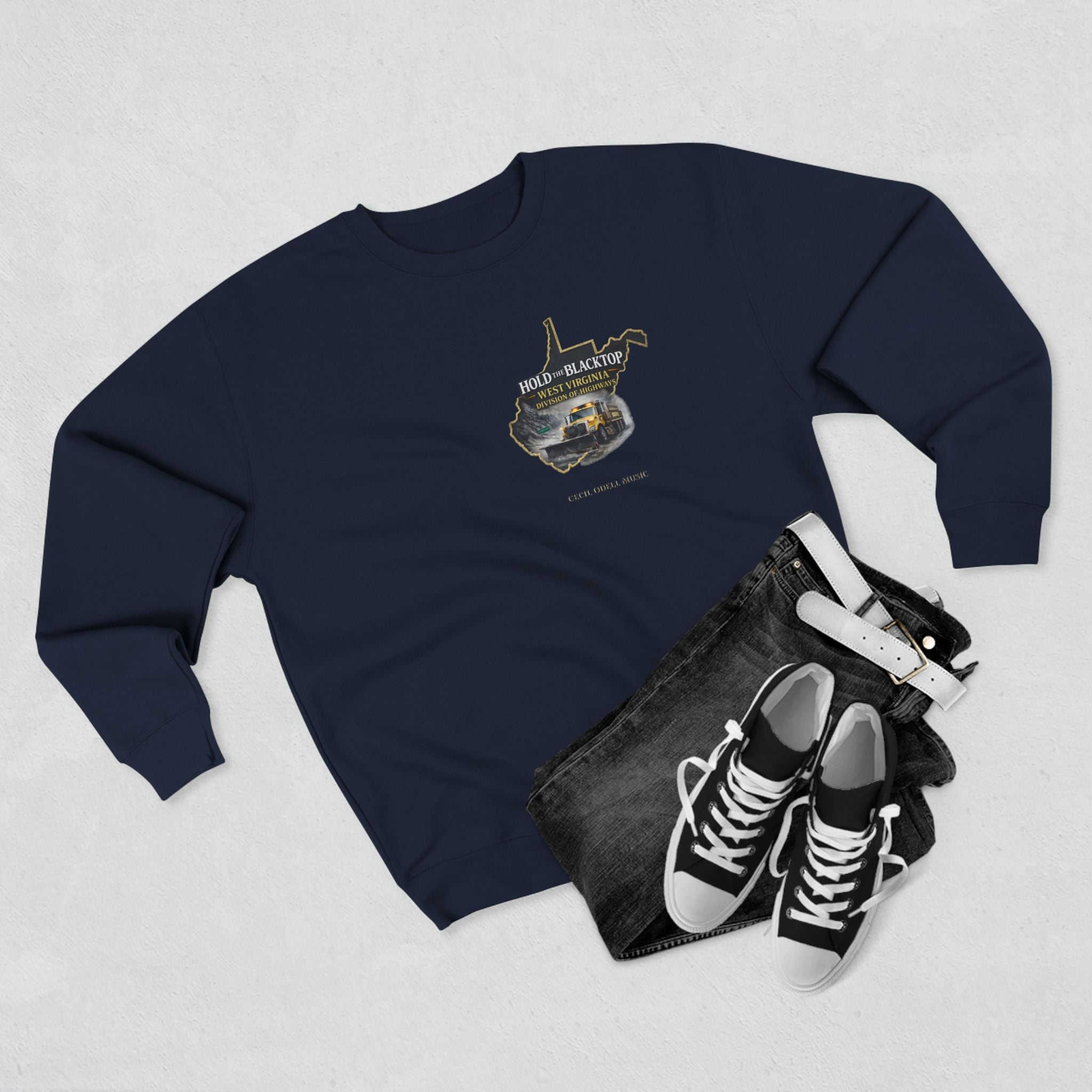 West Virginia Blacktop Crewneck Sweatshirt: 'Hold the Blacktop' State Graphic