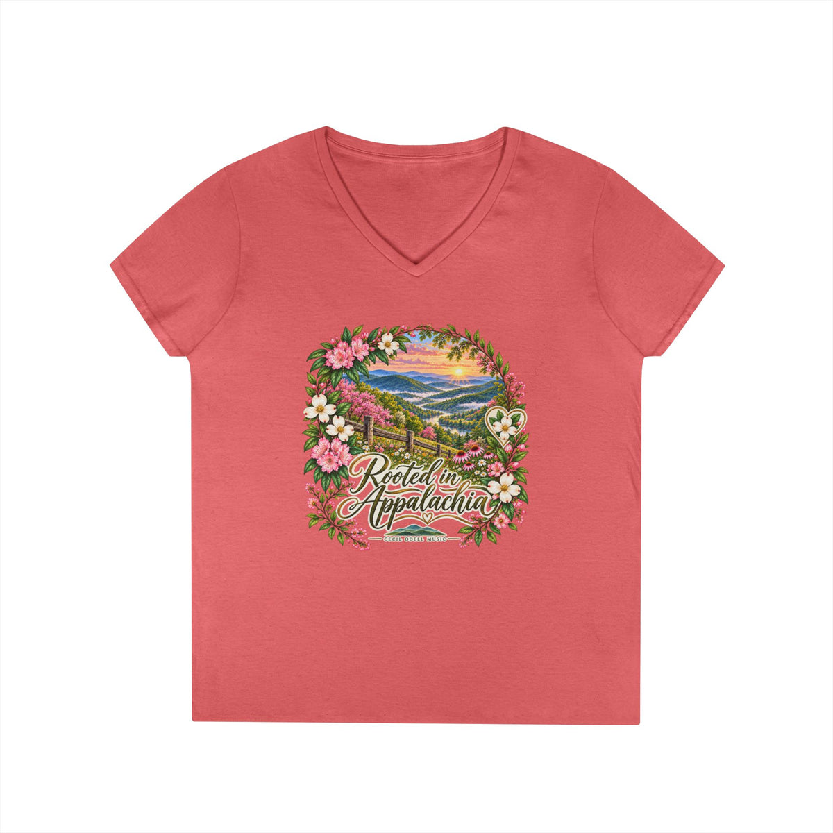 Rooted in Appalachia V-Neck T-Shirt — Scenic Mountain Floral Graphic