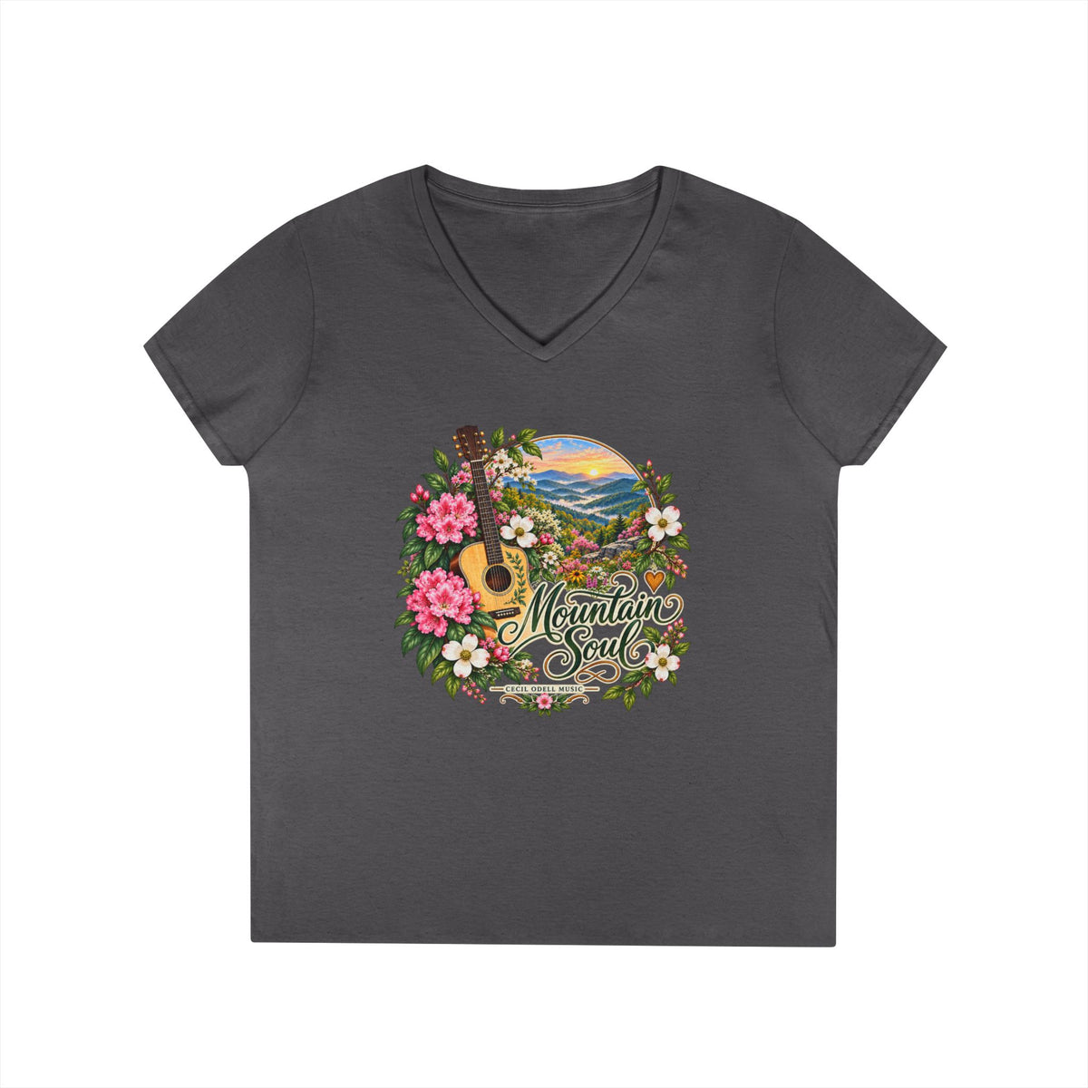 Mountain Soul V-Neck Tee — Floral Guitar Scenic Women's T-Shirt