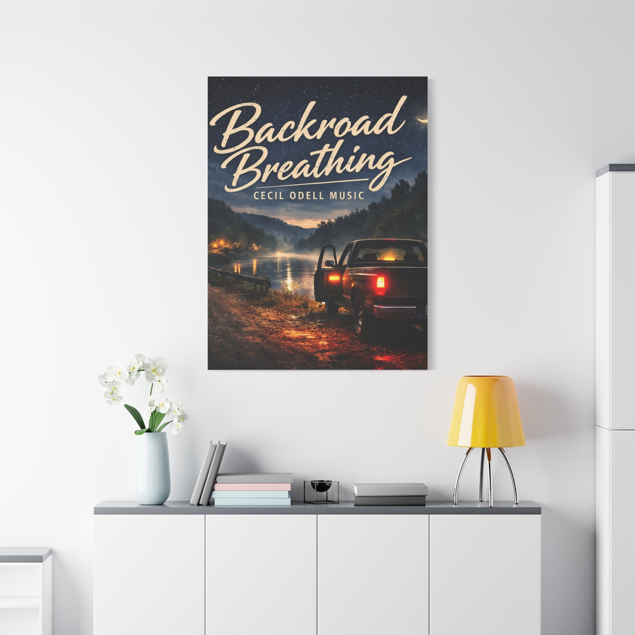 Backroad Breathing Matte Canvas Wall Art: Night Truck Landscape Music Print
