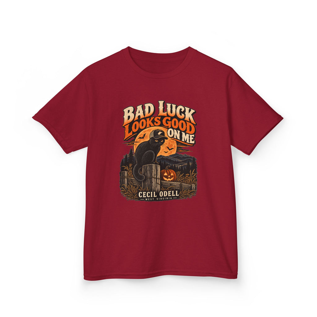 Bad Luck Looks Good on Me Kids Halloween Tee | Cecil Odell