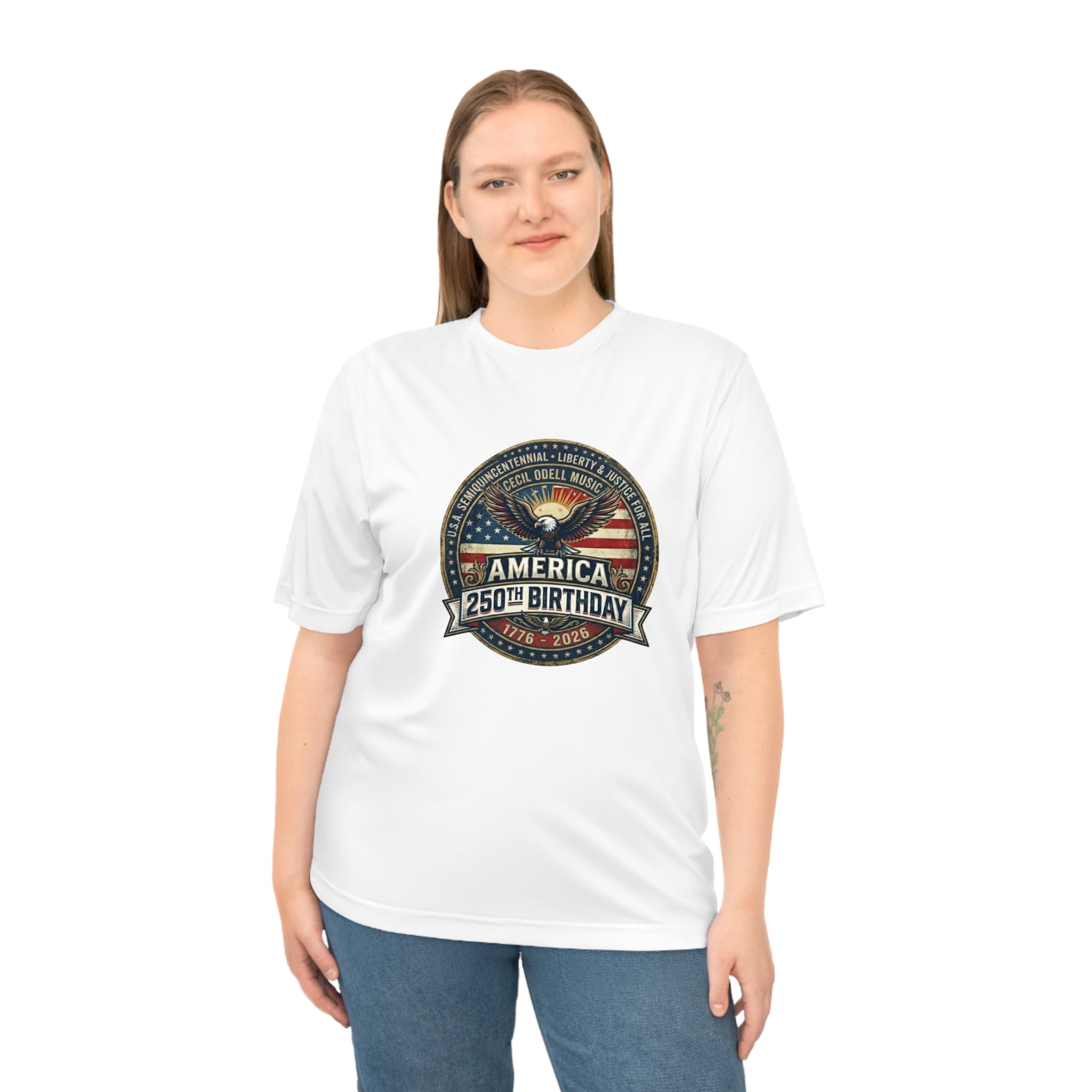 America 250th Birthday Performance T-Shirt — Patriotic Eagle & Badge Tribute
