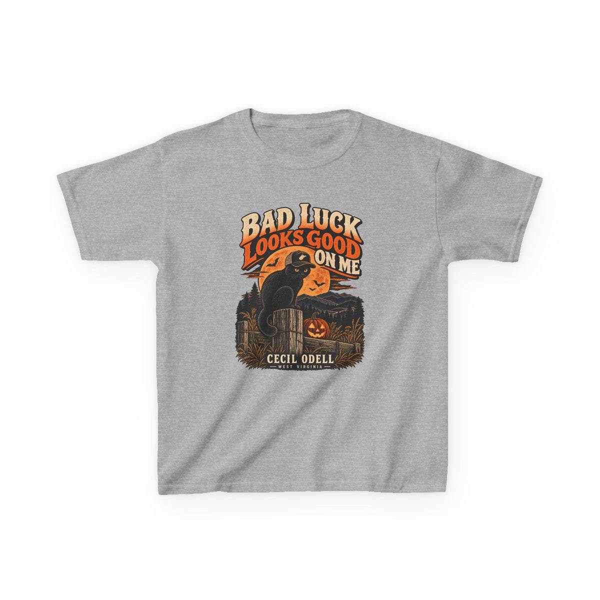 Bad Luck Looks Good on Me Kids Halloween Tee | Cecil Odell