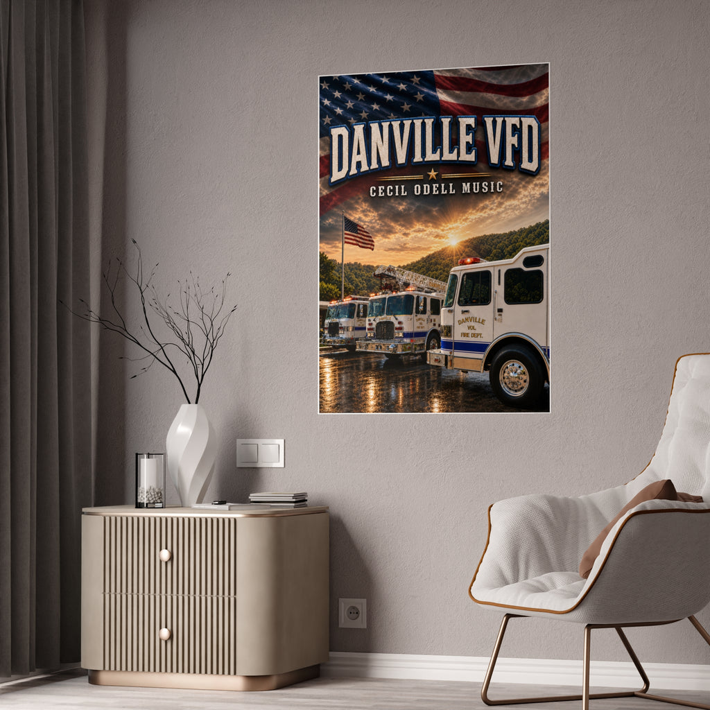 Danville VFD Fire Truck Gloss Poster: American Flag Memorial Wall Art