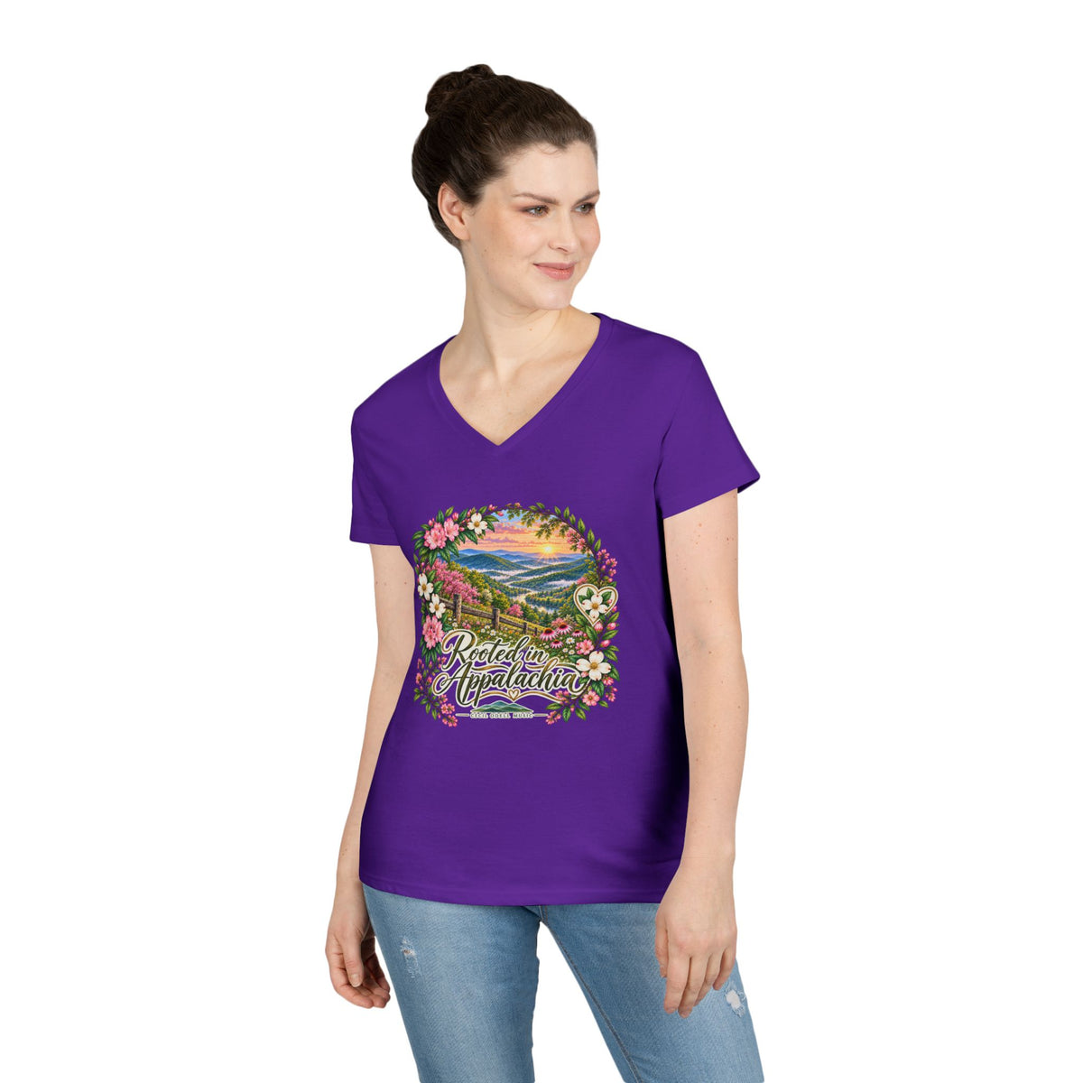 Rooted in Appalachia V-Neck T-Shirt — Scenic Mountain Floral Graphic