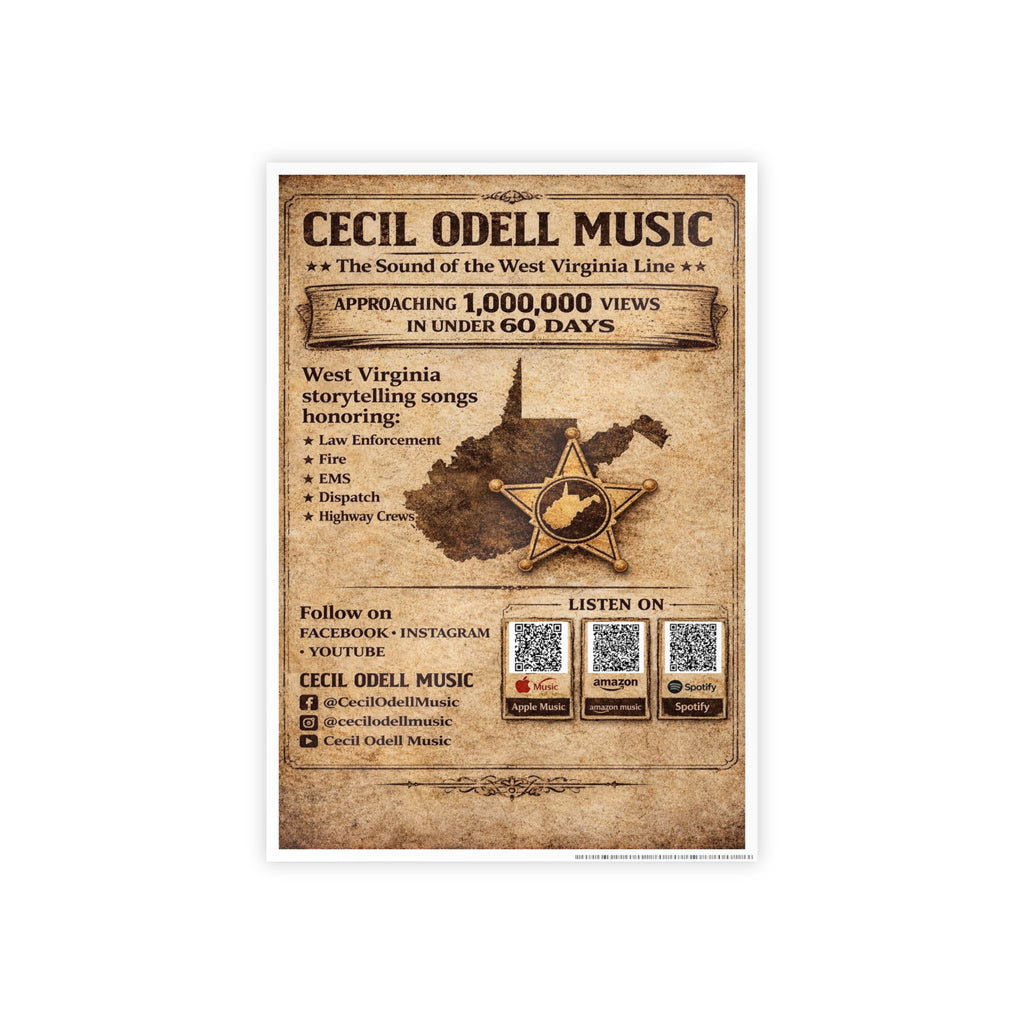 Vintage 'Cecil Odell Music' Gloss Poster: West Virginia Storytelling Music Print