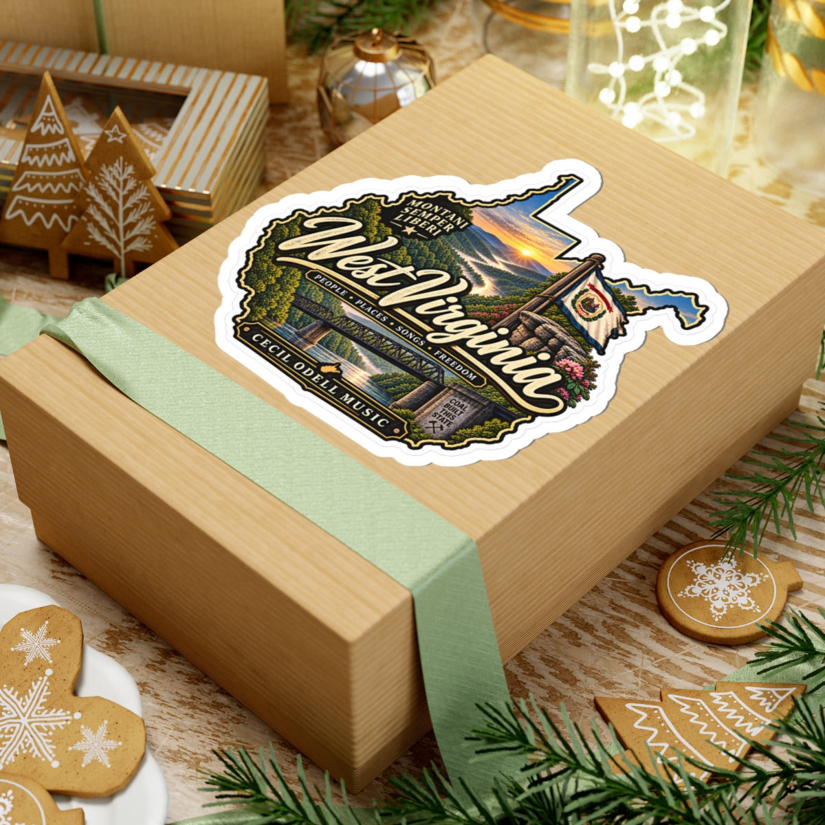 West Virginia State Map Sticker — Scenic Sunset, Flag & 'West Virginia' Script