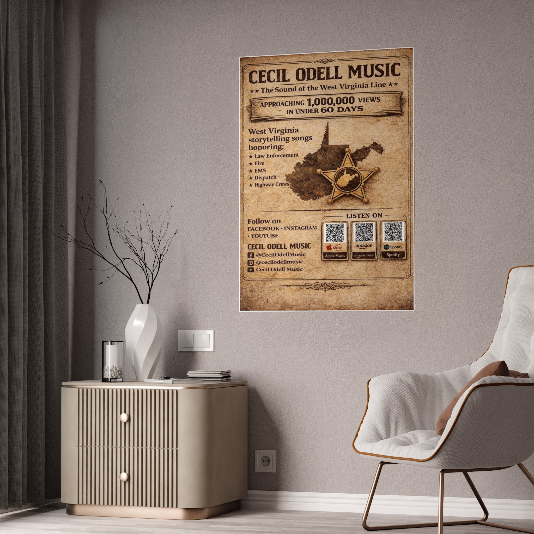 Vintage 'Cecil Odell Music' Gloss Poster: West Virginia Storytelling Music Print