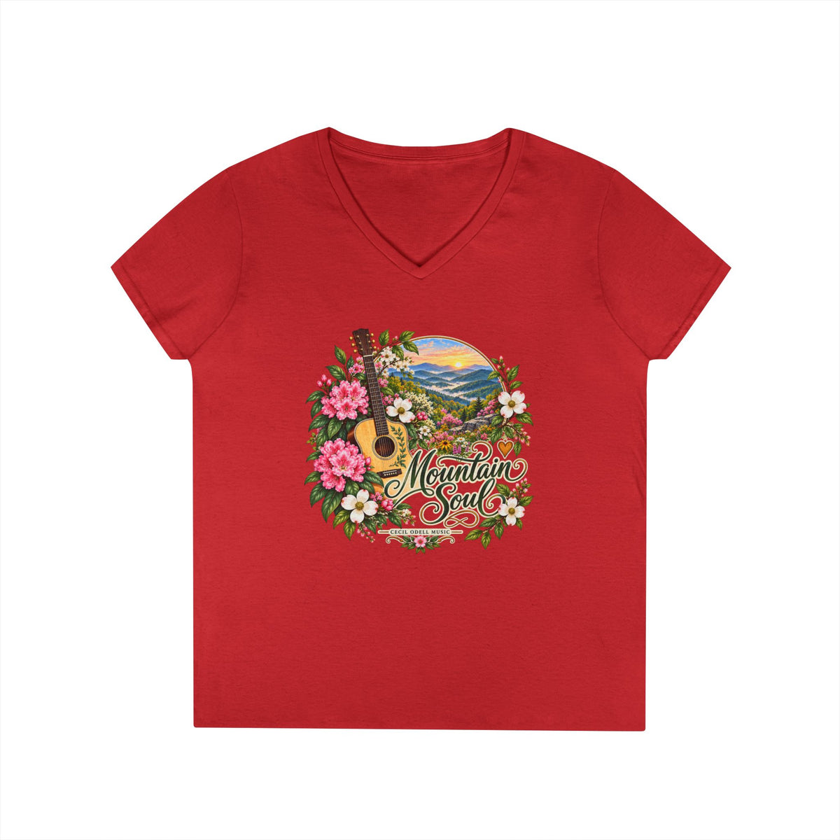 Mountain Soul V-Neck Tee — Floral Guitar Scenic Women's T-Shirt