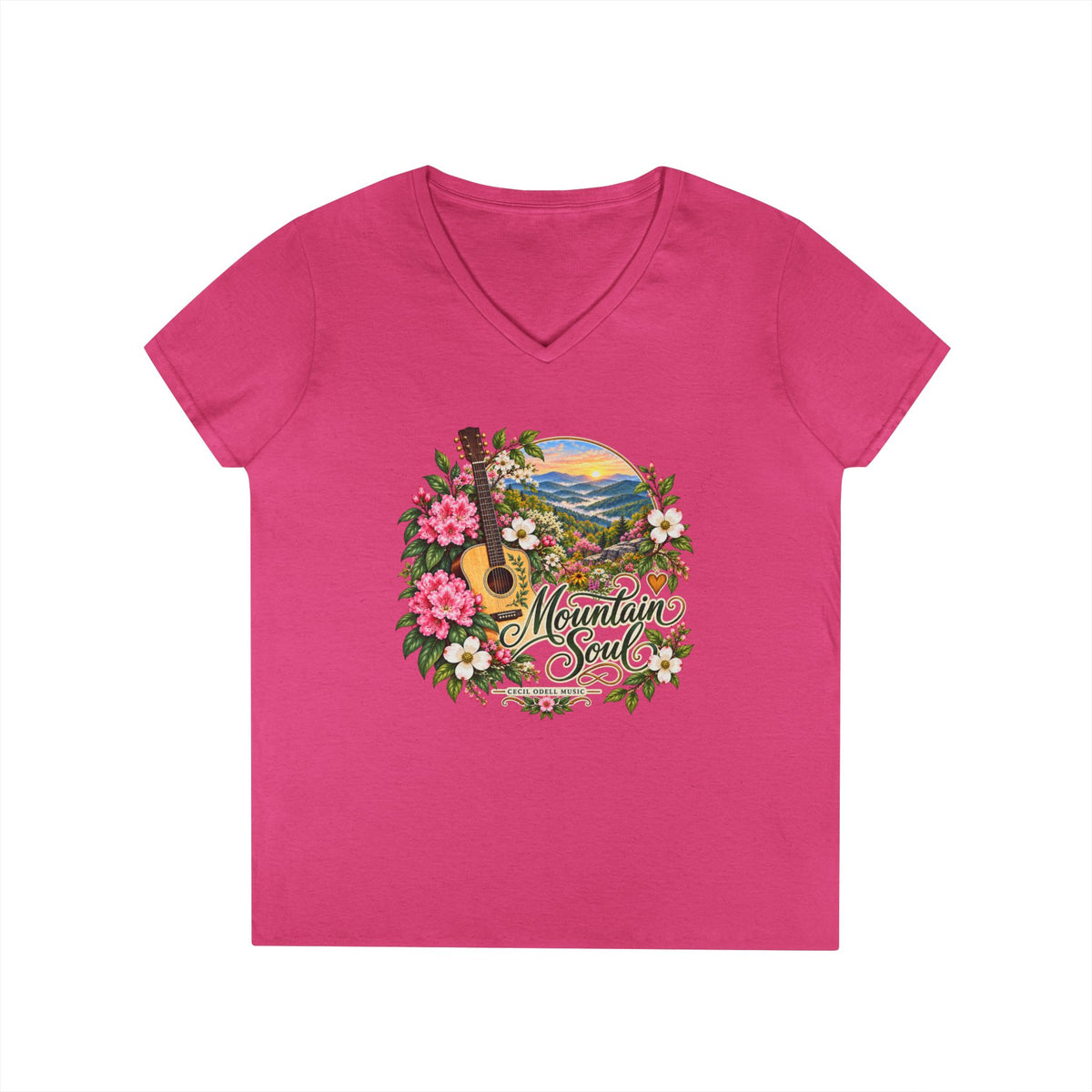 Mountain Soul V-Neck Tee — Floral Guitar Scenic Women's T-Shirt