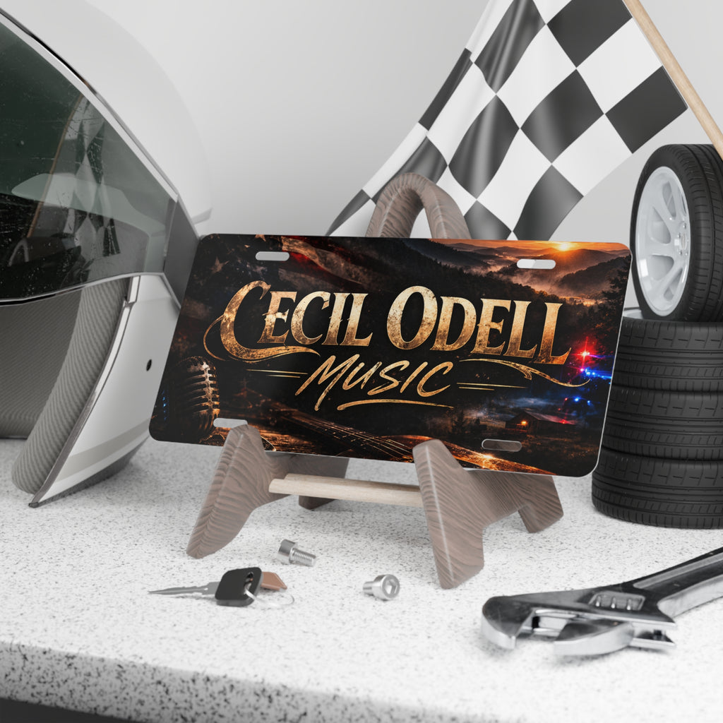 Cecil Odell Music Metal Vanity License Plate: Retro Microphone Concert Vibe