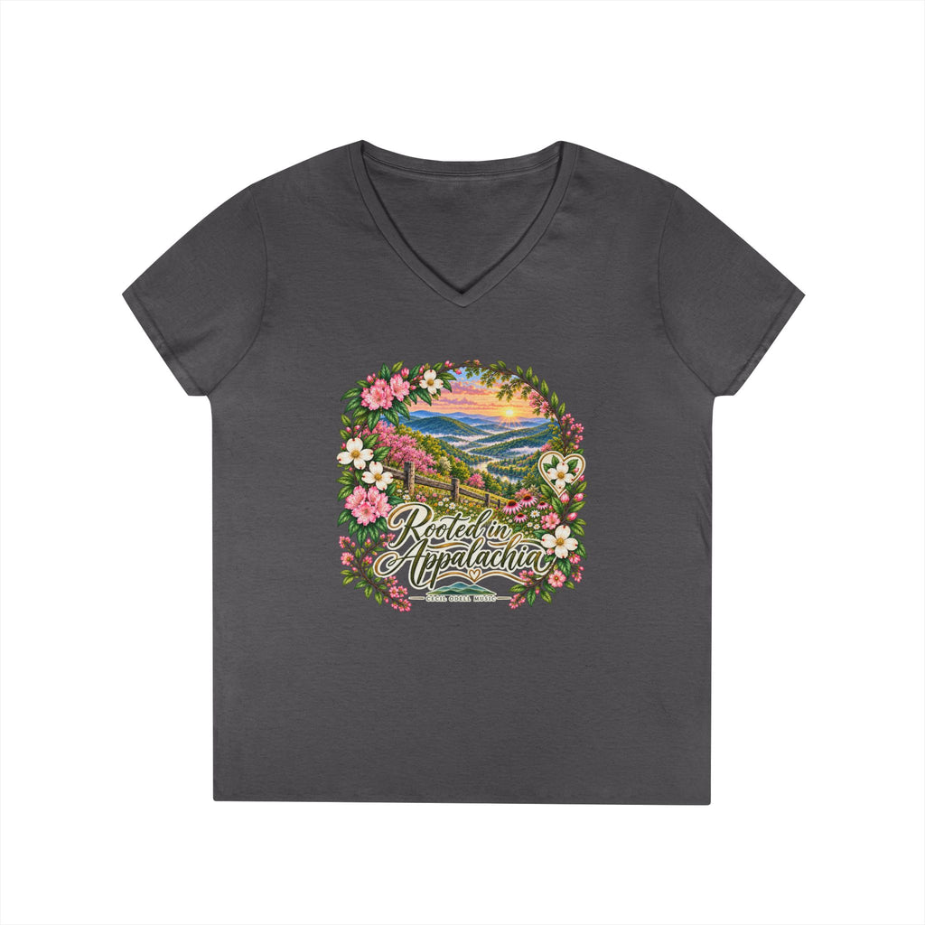 Rooted in Appalachia V-Neck T-Shirt — Scenic Mountain Floral Graphic