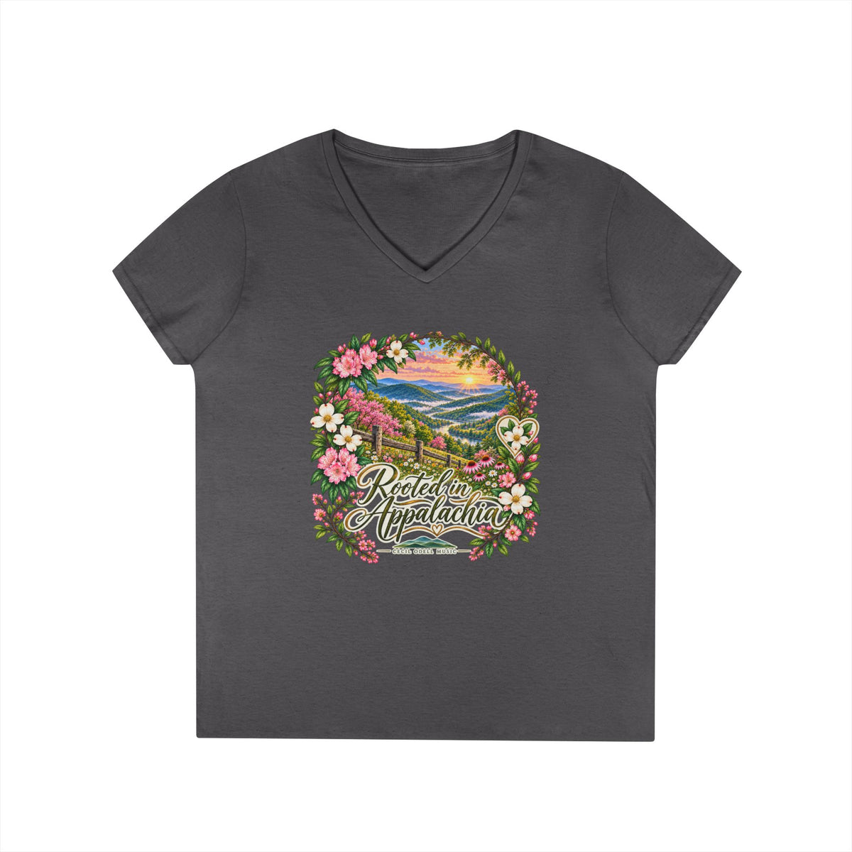 Rooted in Appalachia V-Neck T-Shirt — Scenic Mountain Floral Graphic