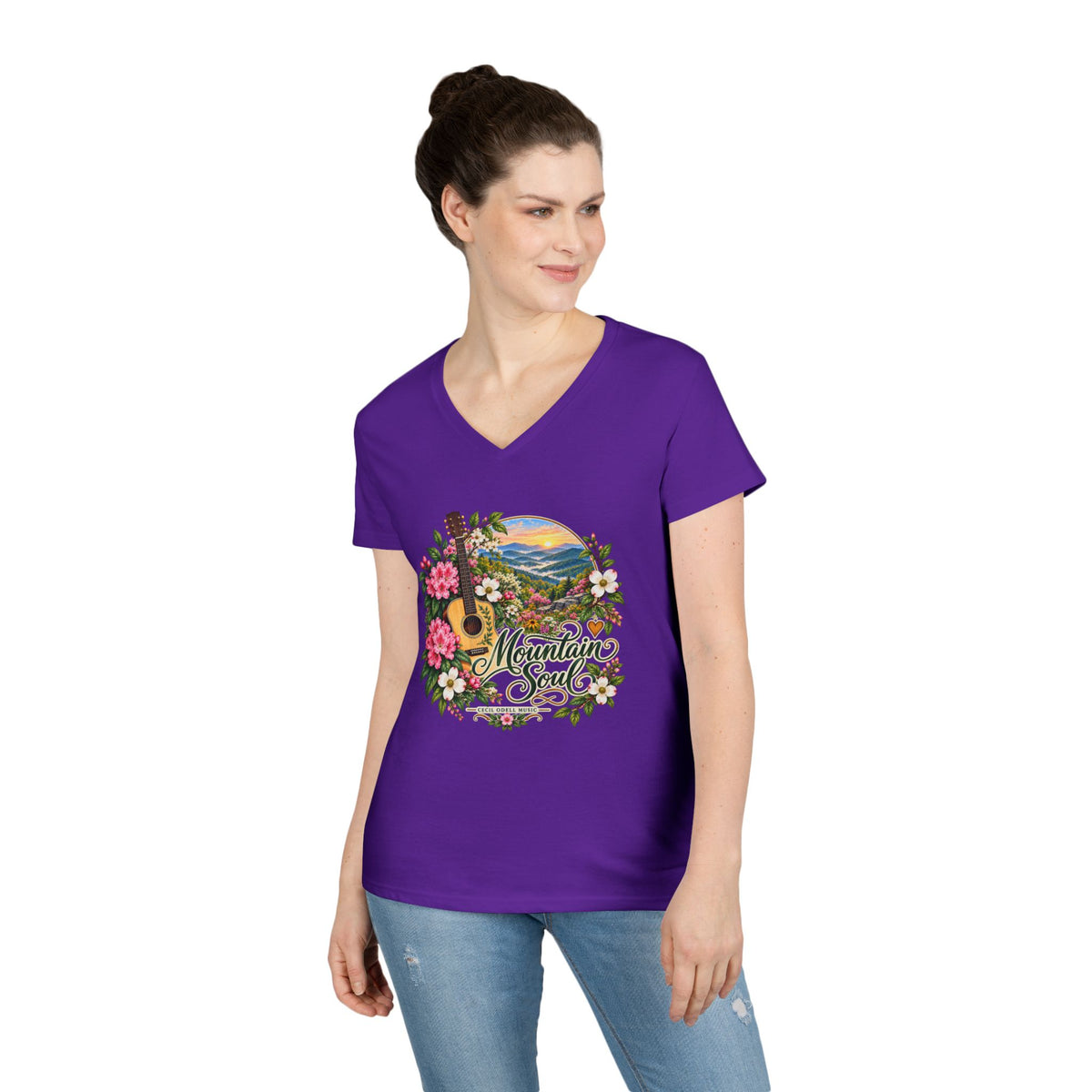 Mountain Soul V-Neck Tee — Floral Guitar Scenic Women's T-Shirt