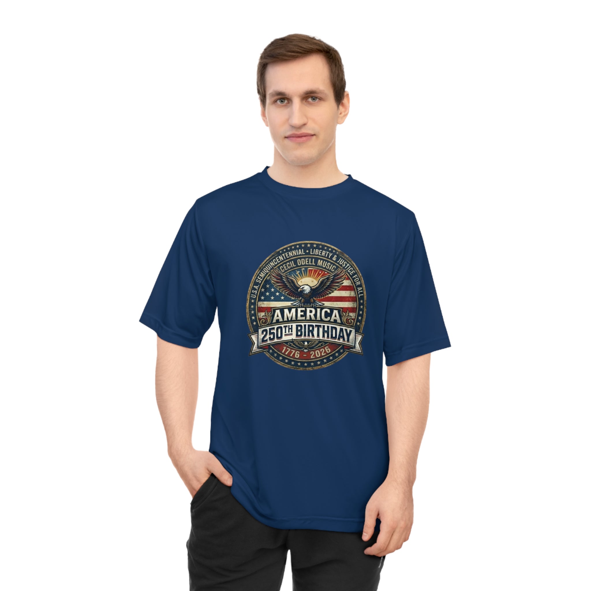 America 250th Birthday Performance T-Shirt: Patriotic Eagle & Badge Tribute