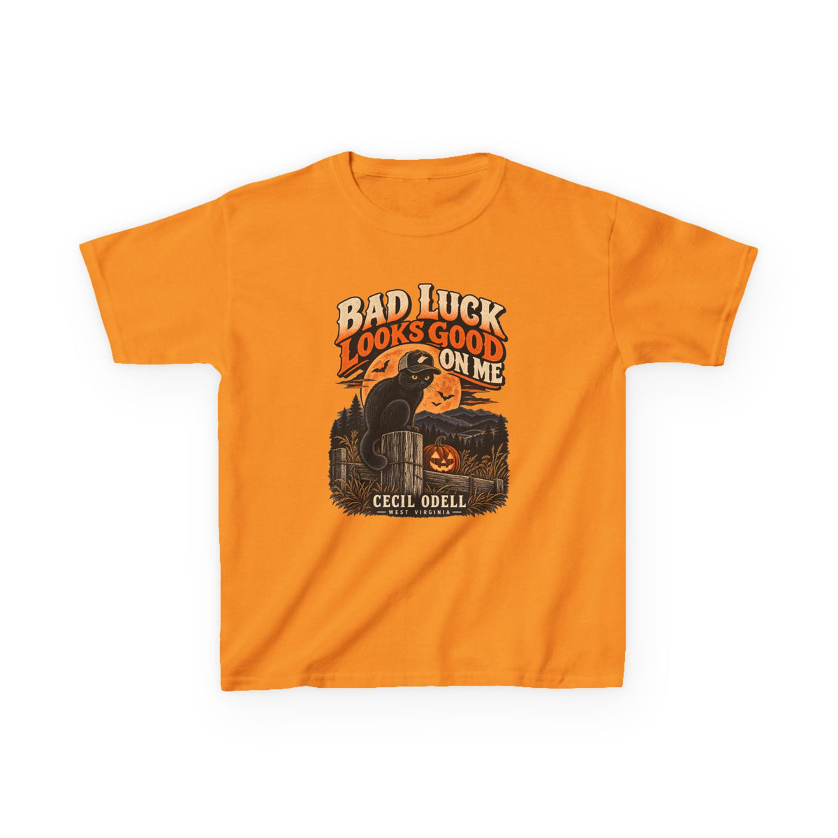 Bad Luck Looks Good on Me Kids Halloween Tee | Cecil Odell