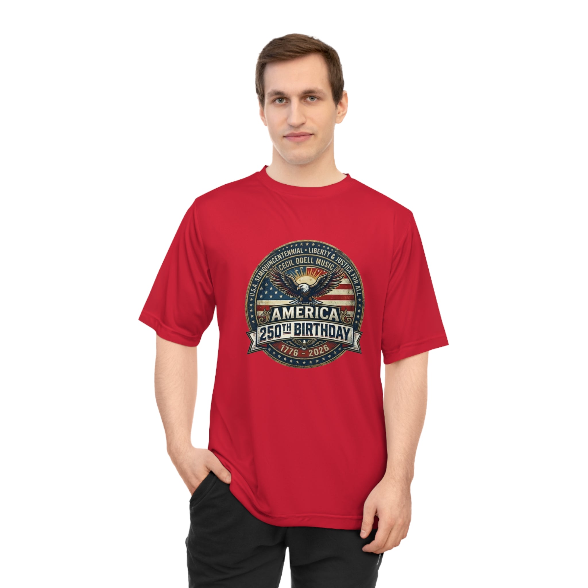 America 250th Birthday Performance T-Shirt: Patriotic Eagle & Badge Tribute