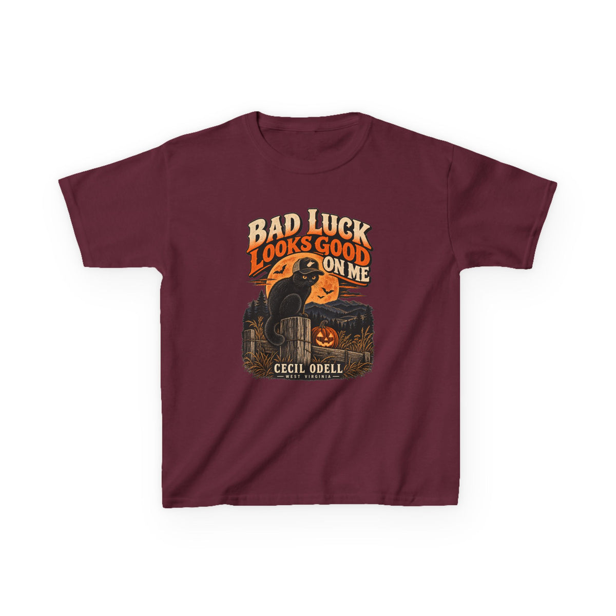 Bad Luck Looks Good on Me Kids Halloween Tee | Cecil Odell