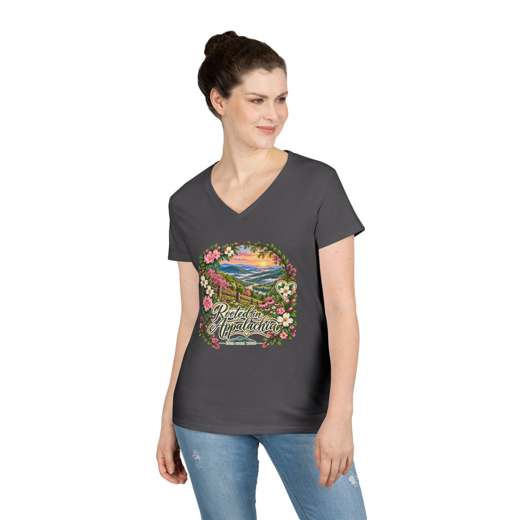Rooted in Appalachia V-Neck T-Shirt — Scenic Mountain Floral Graphic