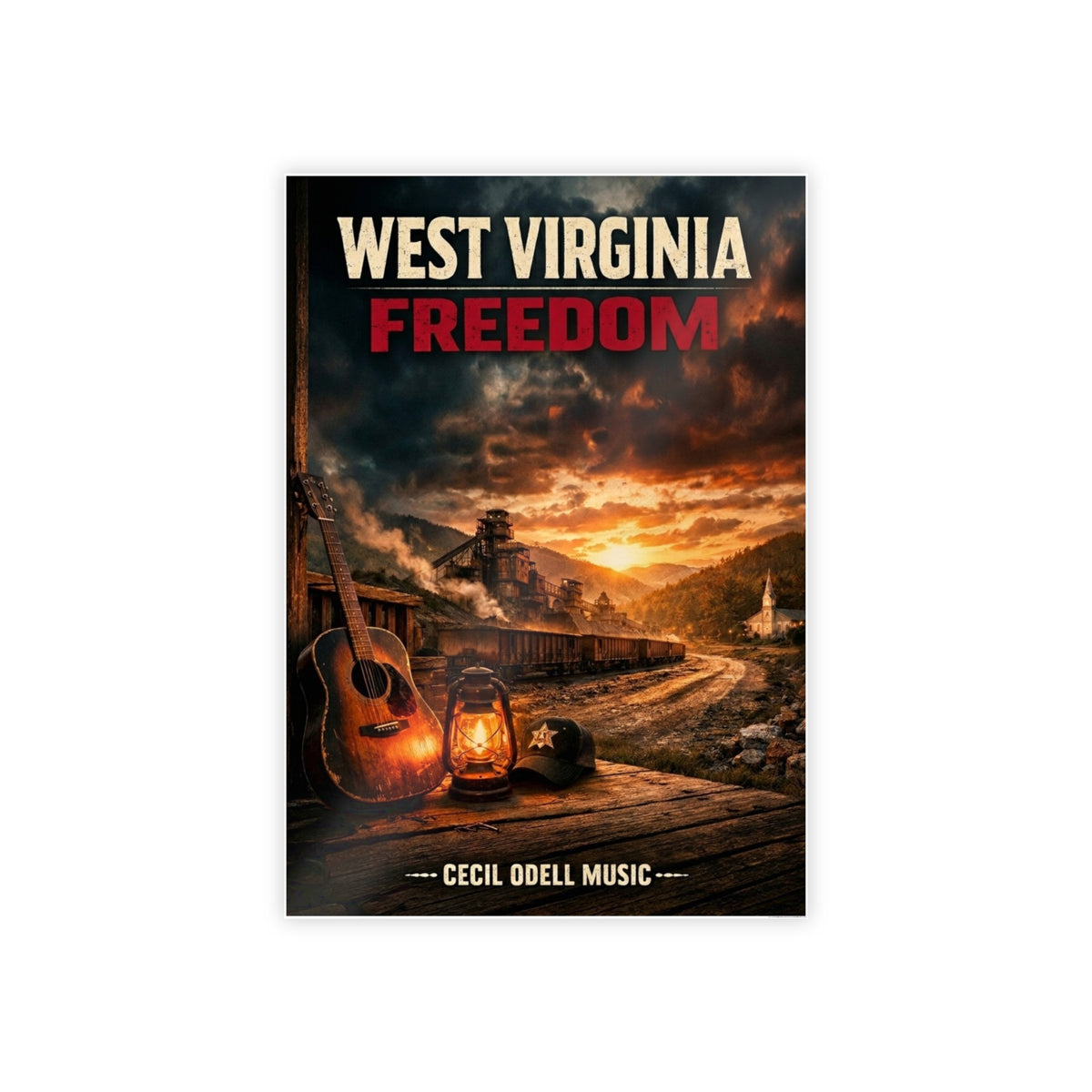 West Virginia Freedom Poster: Rustic Music & Mountain Landscape Print