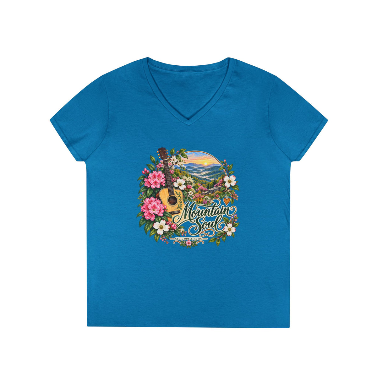Mountain Soul V-Neck Tee — Floral Guitar Scenic Women's T-Shirt