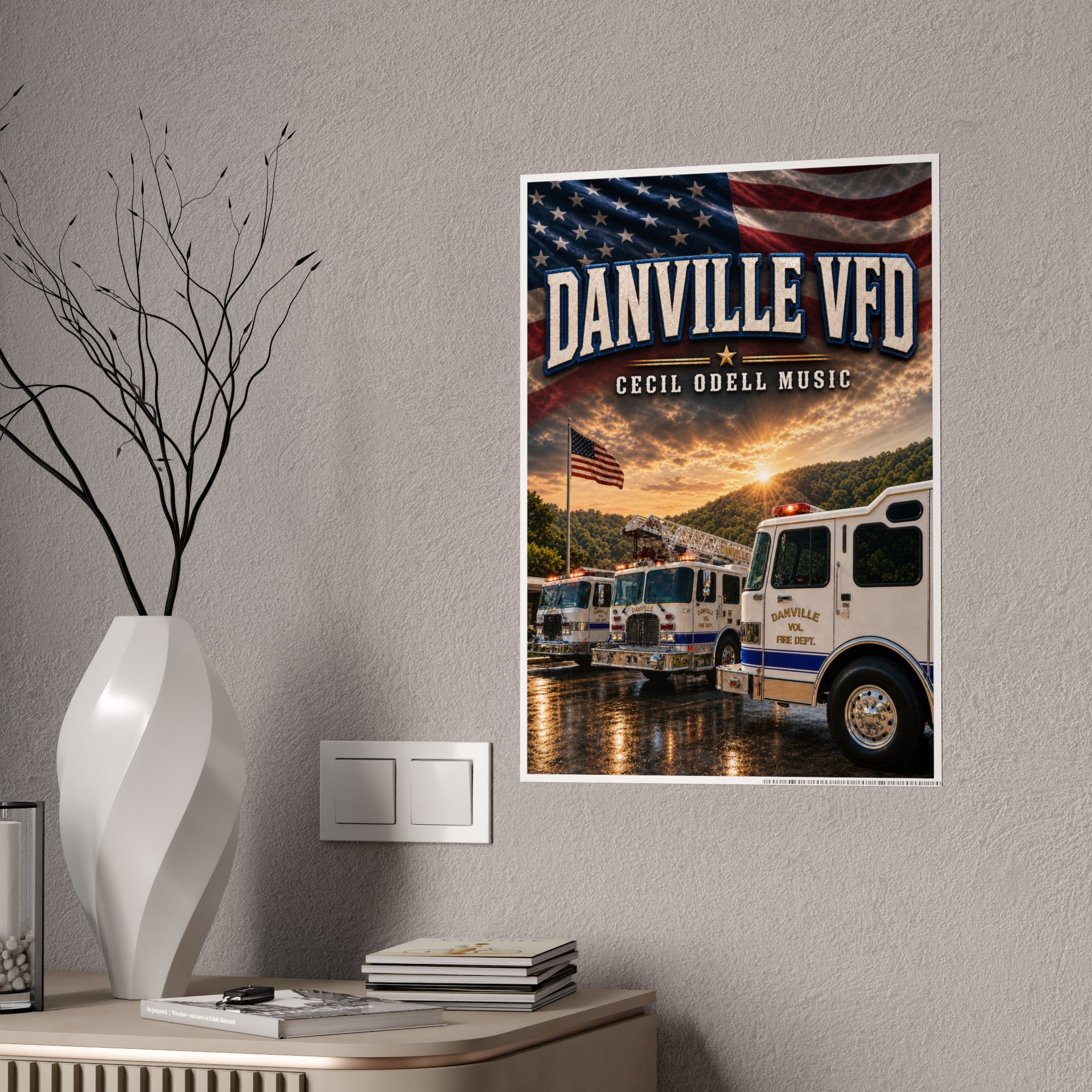 Danville VFD Fire Truck Gloss Poster: American Flag Memorial Wall Art