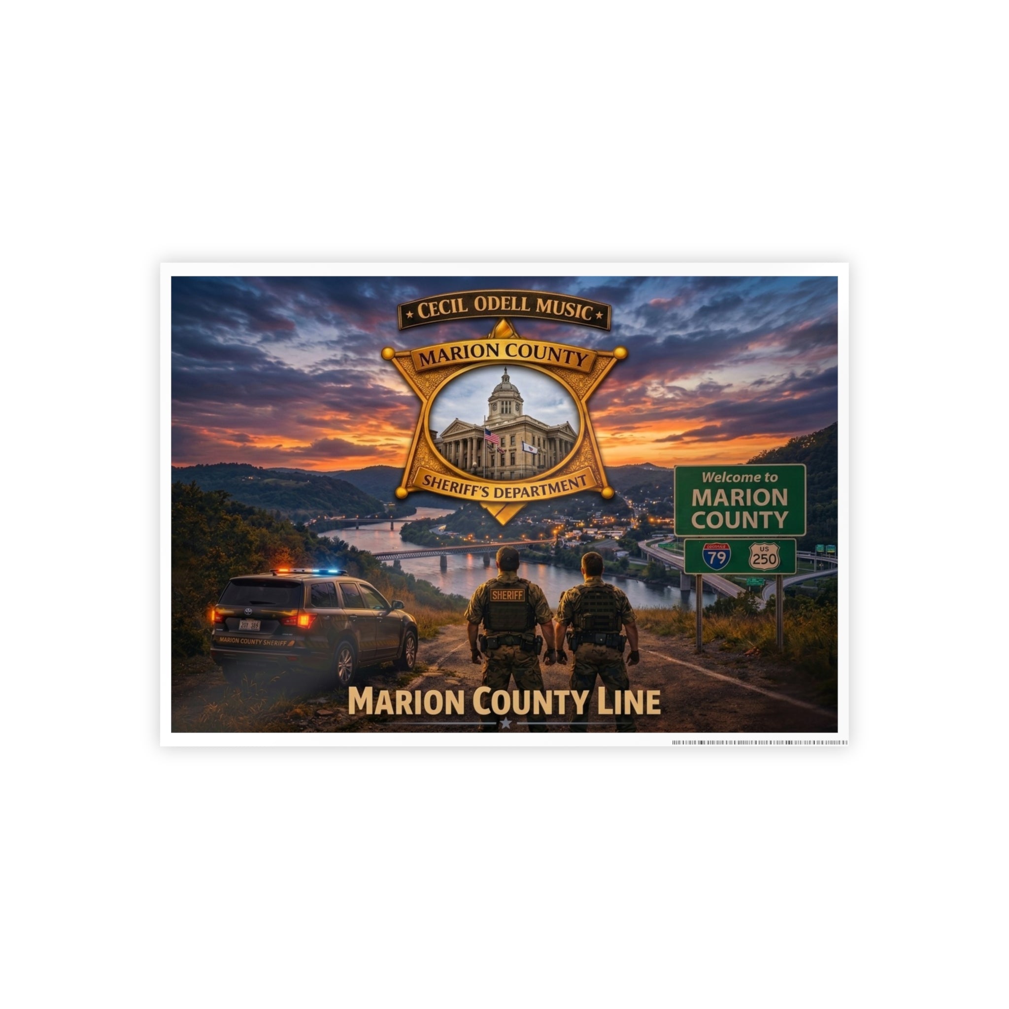 Marion County Line Police Badge Gloss Poster: Sheriff Dept. Scenic Sunset Print